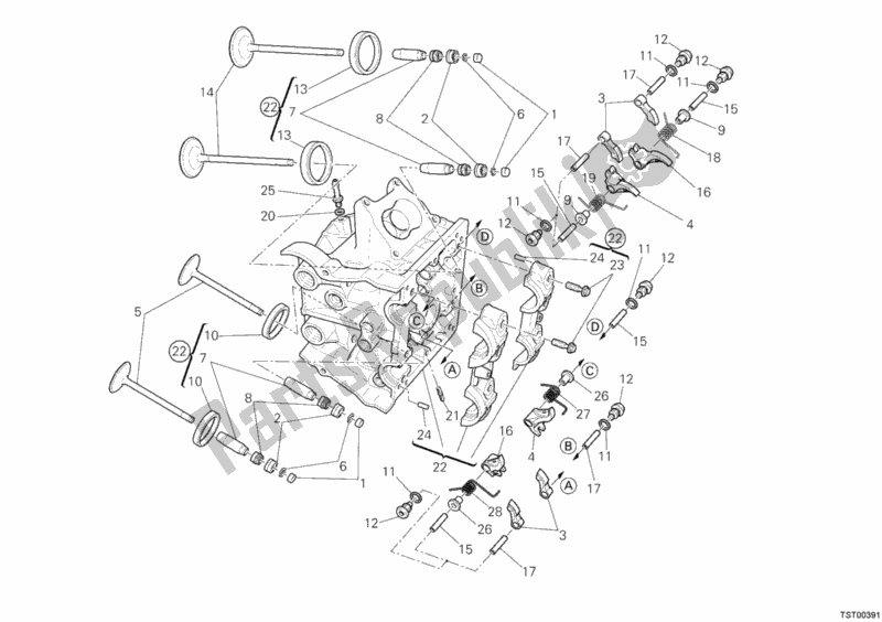 Alle onderdelen voor de Horizontale Cilinderkop van de Ducati Diavel Carbon USA 1200 2012